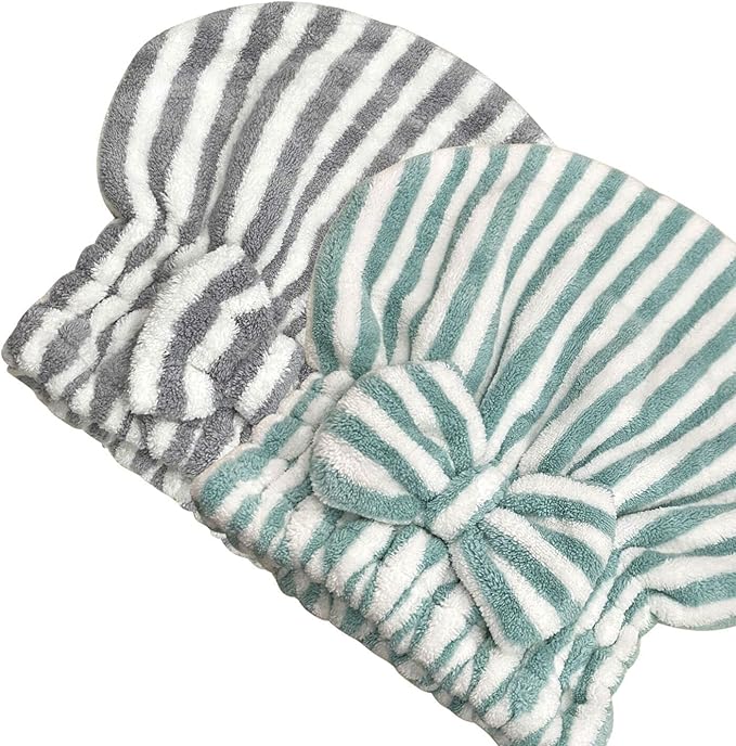 Jseng 2PC Microfiber Hair Drying Caps Stripe, Extrame Soft & Ultra Absorbent, Fast Drying Turban Hair Wrap Towels Thick Fluffy for Women