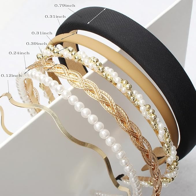 6PCS Different Designs Headbands for Women Gold Metal Hairband,Cute Pearl Hair Bands for Girls,Twisted Head Band,Black Padded Head Bands Set…