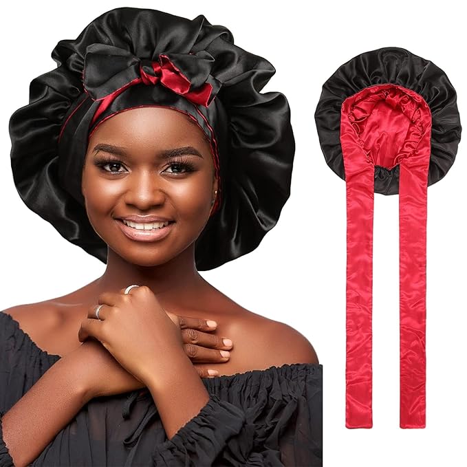 Satin Bonnet Silk Hair Bonnets for Women Curly Hair Wrap for Sleeping - Reversible With Tie Band Night Cap Double Layer for Curly Hair (Black + Red)
