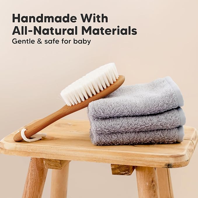 Wooden Baby Hair Brush - Cradle Cap Baby Brush with Soft Goat Bristles, Perfect Gentle Scalp Newborn Comb for Infant, Girls, Boys, Bath Essentials (Golden Oak, Regular)