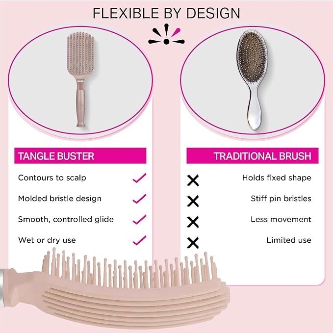 Premium Tangle Buster Brush – Soft Nylon Travel-Friendly Bristles – Long Durable Rubber Handle – Ideal for Wet and Dry Hair & Easy Grooming, Cashmere Color