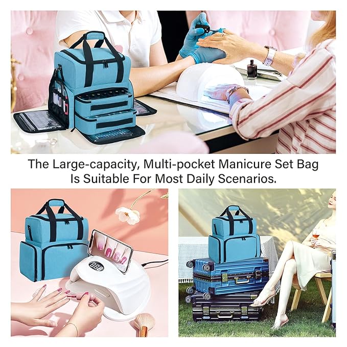 Nail Polish Organizer Holds 80 Bottles & Nail Art Lamp, Portable Large Capacity Storage with 2 Removable Storage Bags Store Nail Art Tools, Suitable for Manicure Enthusiasts(Lake Green)
