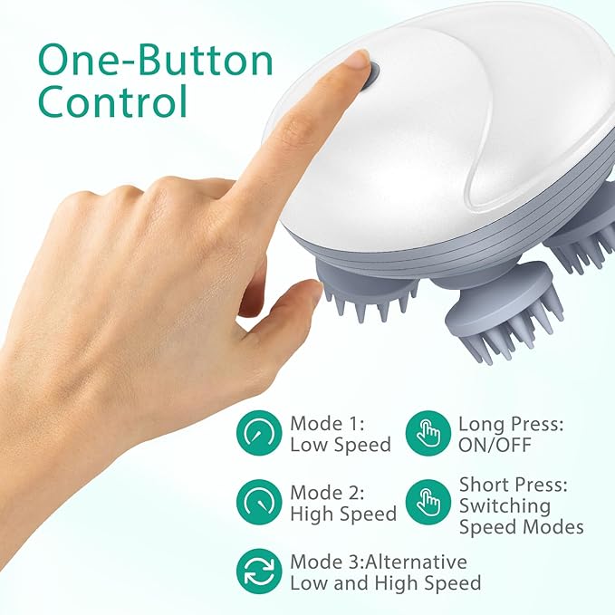 ORIA Electric Scalp Massager, Portable Head Massager, Rechargeable Head Scratcher with 4 Removable Massage Claws, 96 Massage Nodes, for Women Men Stress Relief, Full Body Relaxation, White