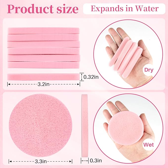 60pcs Compressed Facial Sponges - Round Face Sponge Disposable Travel Facial Cleansing Pads Makeup Sponge for Face Wash Exfoliating Remover Skin Care Beauty Tool Esthetician Essential（Pink）