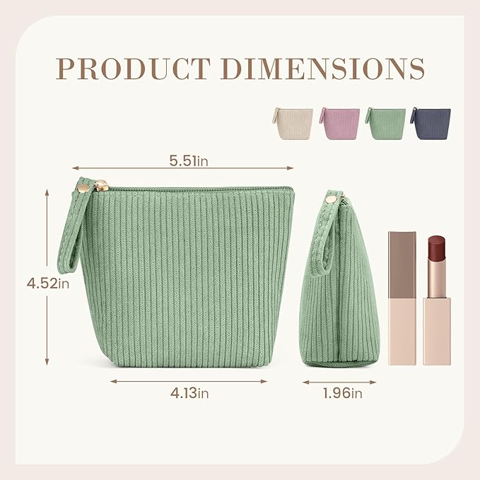 MAGEFY Mini Makeup Bag, Cute Small Makeup Bag for Purse Corduroy Cosmetic Bag for Women with Slip-in Pockets Travel Purse Essentials Lipstick Bag(Green,Mini)