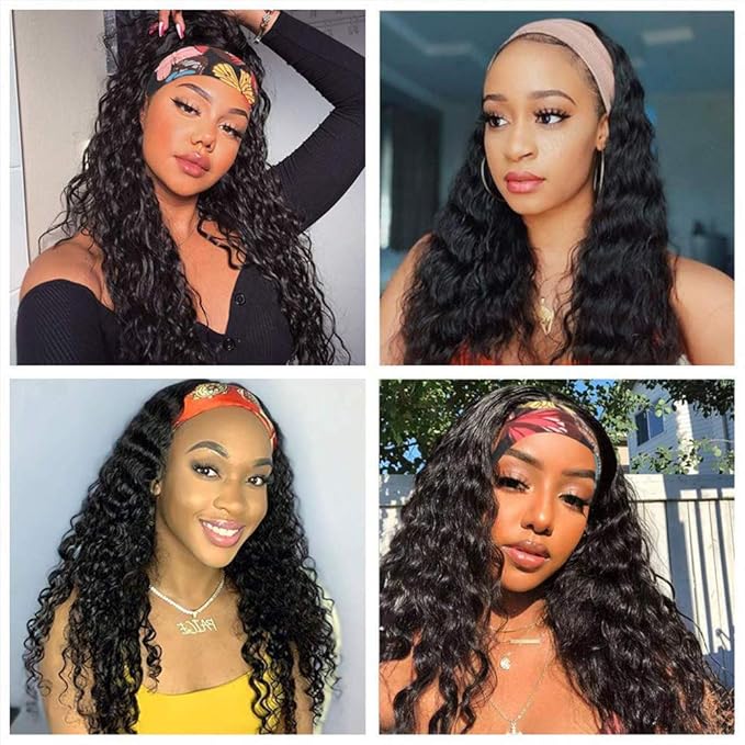 XSY Headband Wig Human Hair 26 Inch Deep Wave Human Hair Headband Wigs for Black Women Glueless Curly Headband Wig 150% Density Natural Color