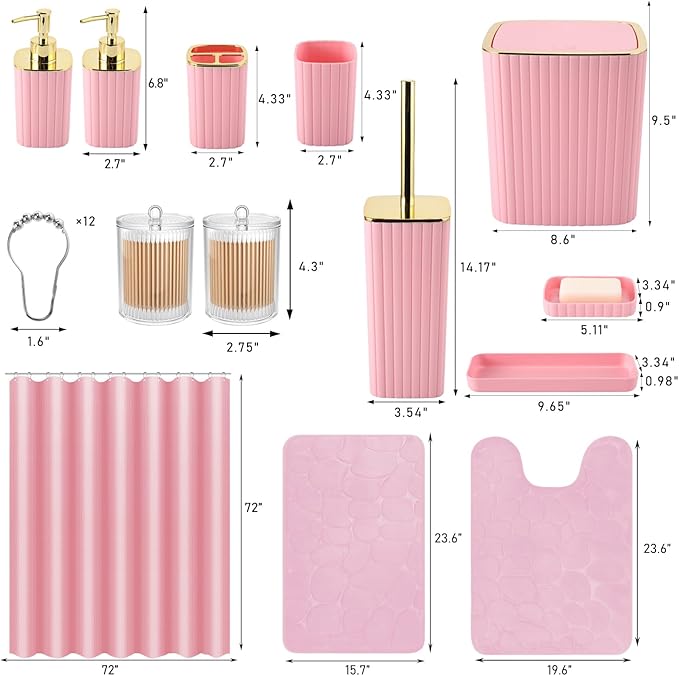 Bathroom Set with Shower Curtain and Rugs- 25PC Bathroom Accessory Set, Pink Bathroom Set, Toilet Brush, Trash Can, Qtip Holder & Soap Dispenser