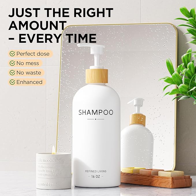 Shampoo and Conditioner Dispenser Set,Shower Soap Dispenser for Bathroom,Refillable Shampoo and Conditioner Bottles with Bamboo Pump and Tray,Soap Dispenser Bathroom for Shower (White, 3-Pack)