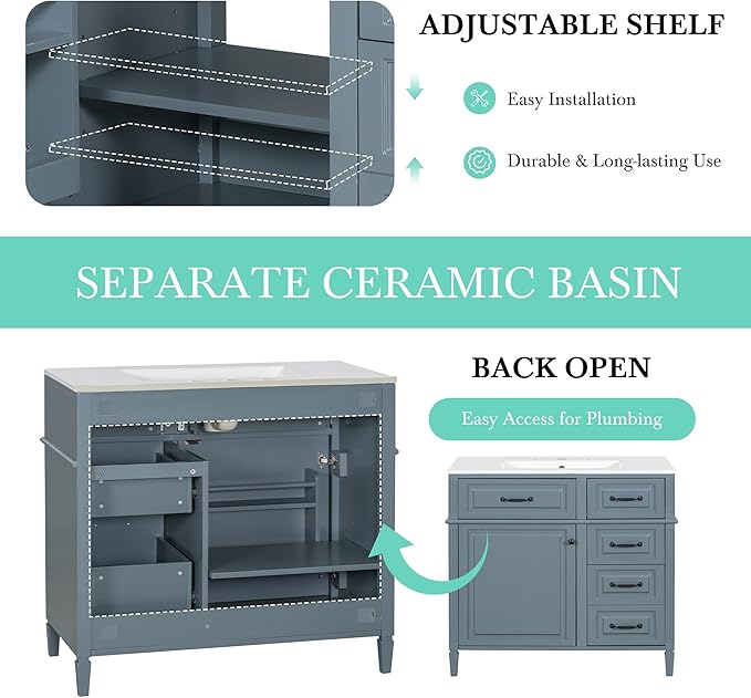 Harper & Bright Designs 36" Bathroom Vanity with Sink, Free Standing Vanity Set with 4 Drawers, Storage Racks, and Adjustable Shelf, Wood Bathroom Cabinet with Ceramic Basin for Bathroom, Blue Grey