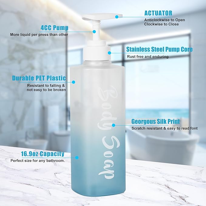 Shampoo and Conditioner Dispenser Set of 3, 17oz Shower Soap Bottles with Permanent Label, Refillable Shampoo and Conditioner Dispensers for Bathroom, Gradient Frosted Blue Empty Bottles with Pump