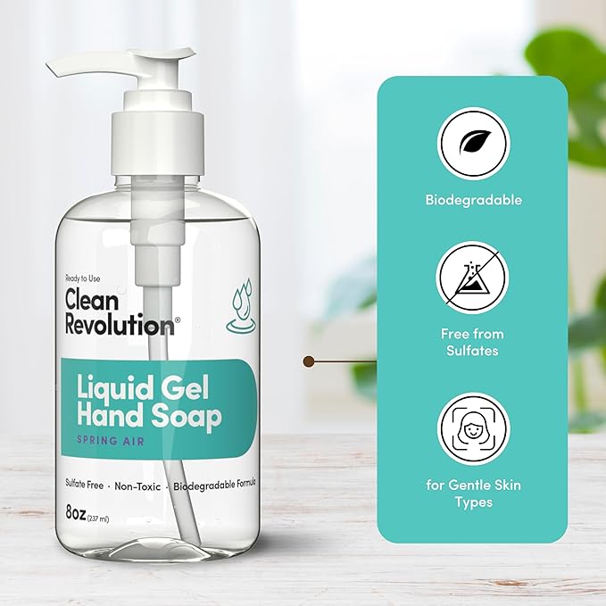 Clean Revolution Liquid Gel Hand Soap, Silky Rich Liquid, Quick Lather, Fast Rinsing, Contains Real Essential Oils (Spring Air) 8 Fl Oz