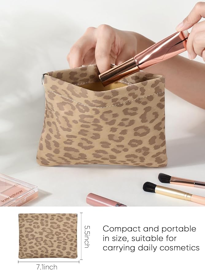 Leopard Leather Small Makeup Pouch for Women,Cosmetic Accessories,Waterproof and Portable Cosmetic Bag,Self-closing, No Zipper, Aesthetic Storage Pouch,Lipstick for Purse,Camel Color