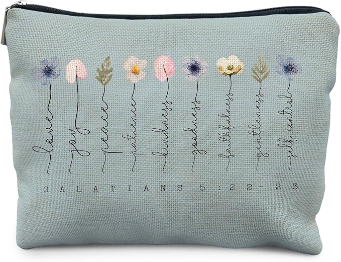 Christian Gifts Makeup Bag, Floral Christian Cosmetic Bags for Women, Galatians 5:22-23 Bible Verse Makeup Pouch, Faith Based Gifts Zipper Pouch(blue)