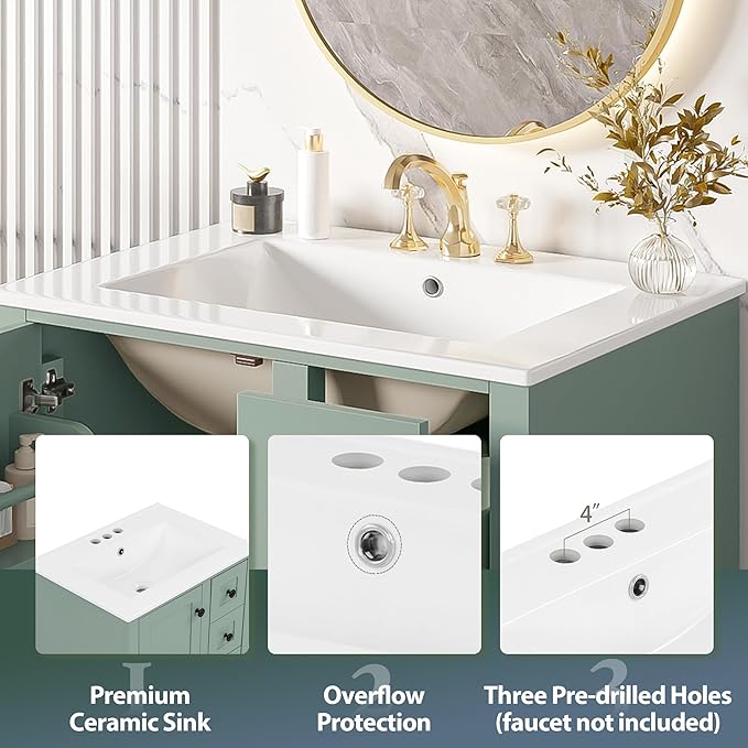 Bellemave 24" Bathroom Vanity with Sink Combo Set, Solid Wood Frame Bathroom Storage Cabinet with 3 Drawers, Soft Closing Cabinet Door with Organizer, Light Green