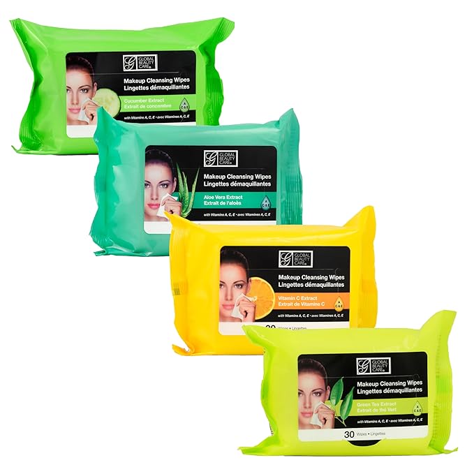 Global Beauty Care Assorted Makeup Remover Wipes Variety Pack - Green Tea, Aloe Vera, Vitamin C & Cucumber Extract Facial Cloths, Removes Waterproof Mascara Oil & Dirt, All Skin Types 120 Ct (4-Pack)