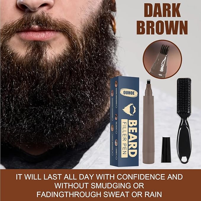 2 Pack Beard Pencil Filler for Men 4 Head Beard Filler Pen with Beard Brush Kit Beard Shaping Tool Waterproof Creates Natural Beard and Brows（Black，Dark Brown）