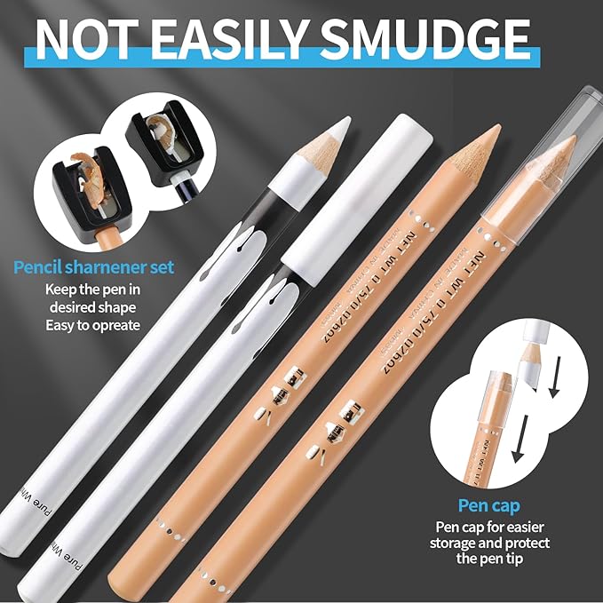 Noerrors Barber Pencil for Lineup White Beige Skin Tone Magic Hairline Pencils Barber Chalk Set Beard Guide Pen with Sharpener Ruler Brush for Hair Design Shaping Trace Grooming Makeup Tool for Men