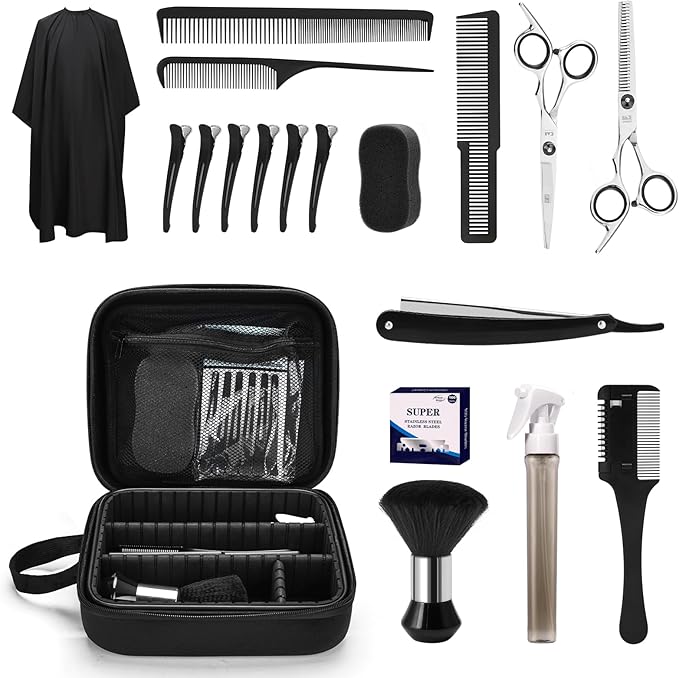 14PCS Hair Cutting Kit with Barber Bag, Haircut Scissors, Barber Cape with Adjustable Neck Size&Neck Duster Brush, Profesional Barber Accessories for Barber/Salon/Home