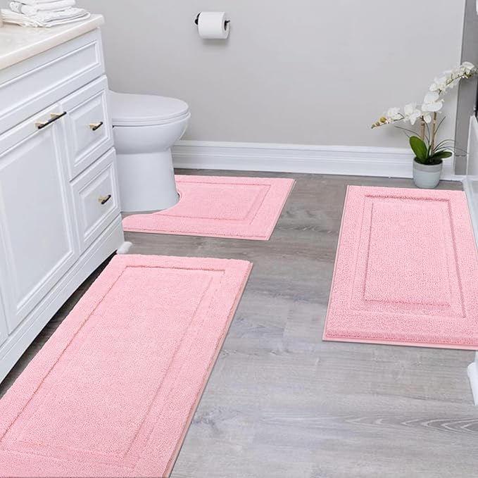 SHACOS Pink Bathroom Rugs Sets 3 Piece, 20"x47" + 20"x32" Non Slip Bath Mat and 20"x24" Toilet Rugs U Shaped Washable, Soft Fluffy Water Absorbent Bathroom Floor Mat