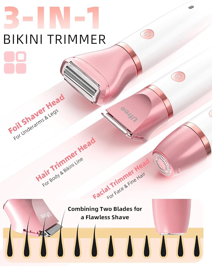 Ufree Electric Shaver Razors for Women Pubic Hair, Bikini Trimmer for Face and Body Hair, Wet & Dry Use Groomer, Hair Trimmer, Birthday Gifts for Women, Gold