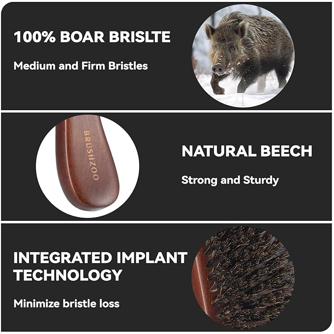 Beard Brush for Men Smooths Softens Beard and Exfoliates Skin and Scalp, 100% Boar Bristle Hair Brush for Beard & Short Hair Detangle add Natural Shine