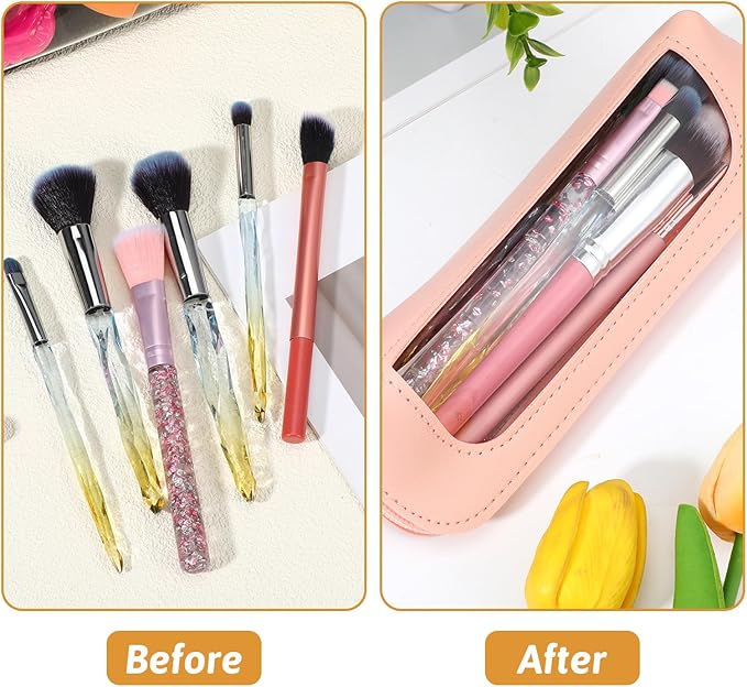 2Pcs Clear Makeup Brush Bag, Leather Slim Makeup Case, Portable Transparent Waterproof Cosmetic Pouch with Zipper, Double Sided Clear Bag for Women Travel Storage (White, Pink)