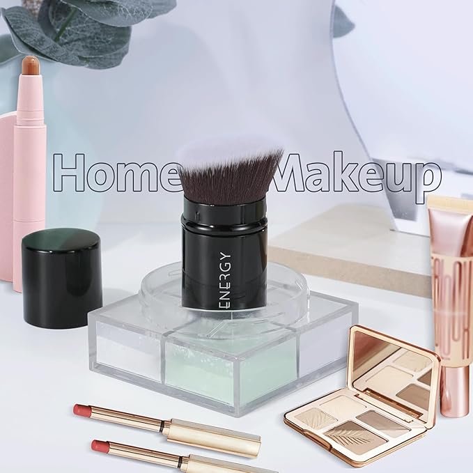 ENERGY Kabuki Foundation Brush Mini - Makeup Brush Retractable Travel for Liquid Loose Powder & Blush Buffing, Bronzer & Cream Blending, Angled Face Cosmetic Brushes Cruelty Free With Cover (Black)