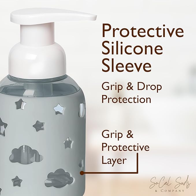 SoCal Suds & Company Foaming Hand Soap Dispenser Glass, Liquid Soap Pump with Cloud & Star Sleeve, Refillable Bottle for Kids, Baby Wash & Shampoo, Ideal for Bathroom & Kitchen Use, Light Grey, 8oz