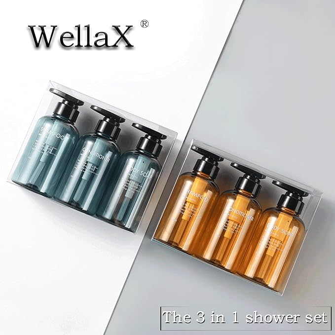 3pcs Refillable Shampoo and Conditioner Bottles, 10oz/300ml Shampoo Conditioner Body Wash Dispenser for Hotel Bathroom, 3pcs Plastic Shampoo Bottles with Pump (Amber)