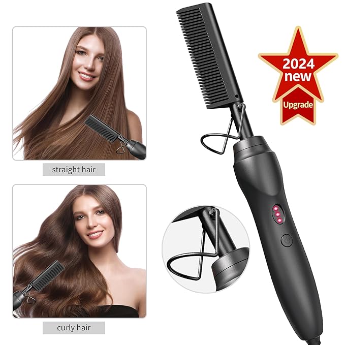 Electric Hot Comb Hair Straightener - Pressing Combs, Ceramic Hair Straightening Comb, Curling Iron for Natural Black Hair Men Beard or Holiday Gift - Black