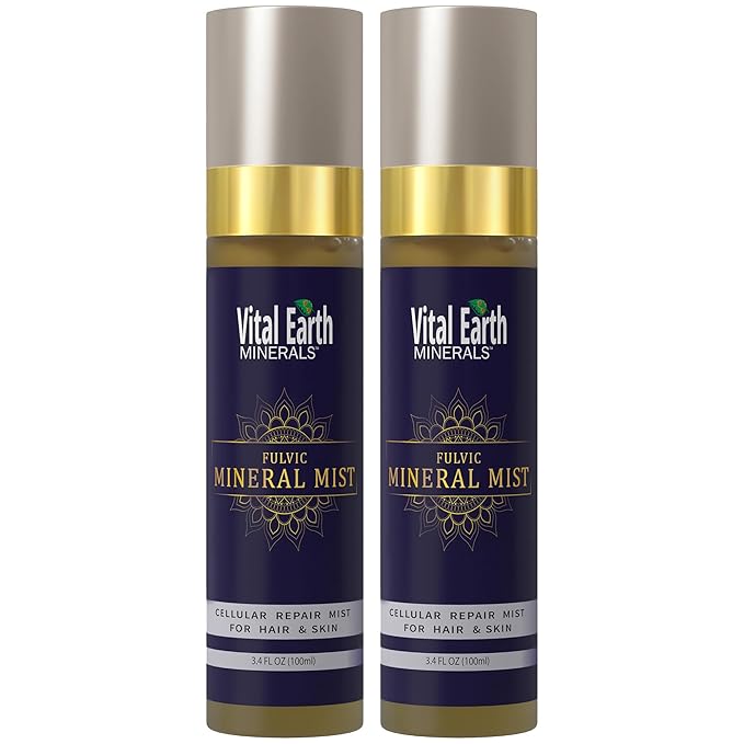 Vital Earth Fulvic Mineral Facial Mist, Travel-Friendly 2-Pack – Anti-Aging Face & Hair Spray for Cellular Renewal & Hydration, 3.4 Oz Ea