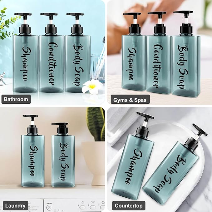 16.9oz Shampoo Dispenser for Shower (3 Pack) - Refillable Shampoo and Conditioner Bottles with Pump, Empty Clear Blue Plastic Body Wash Container Set, Printed Shower Soap Dispensers for Bathroom