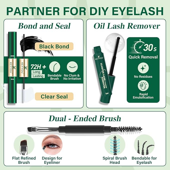 KEYYOU Lash Extension Kit Mixed 5-16mm Eyelash Extension Kit with Bottom Lashes Multi-Type Lash Clusters with Bond and Seal Applicator and Remover DIY at Home
