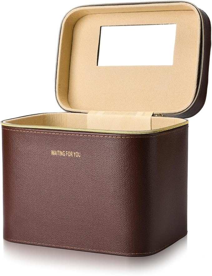 Luxury Hard brown makeup box, Portable leather hard cosmetic case with mirror, Sturdy train case make up box for women adults. (Monolayer - Brown)