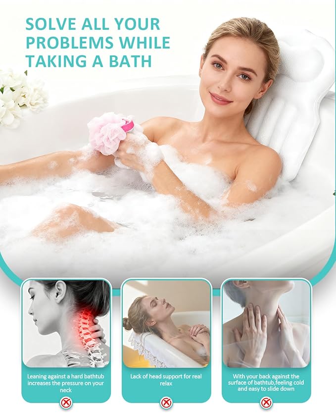 Full Body Bath Pillow for Bathtub, 5D Thick Tub Pillow for Bathtub with 192 Non-Slip Suction Cups, Laundry Bag & Hook, Bathtub Pillow for Head, Neck & Back Support (White, 51"*15")