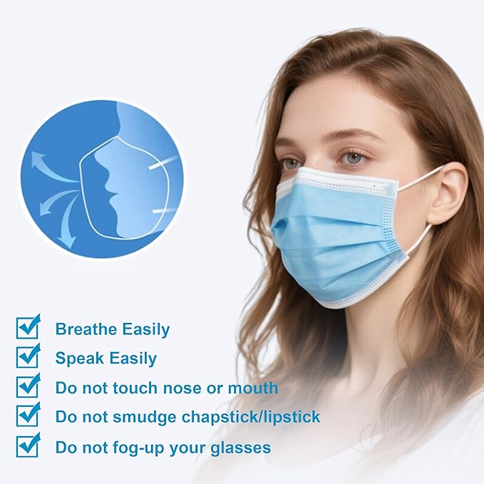 LEMENT 125 Pcs Blue Disposable Face Masks, 3 Ply Face Mask Elastic Earloops for Adults, Disposable Blue Mask for Indoor Outdoor