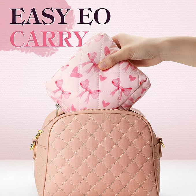 Paterr 4 Pcs Mini Quilted Floral Makeup Bag Women Gifts Small Cosmetic Bag Floral Quilted Makeup Pouch with Zipper Cute Travel Toiletry for Mom Teacher Women Girls Gifts(Coquette Bow)