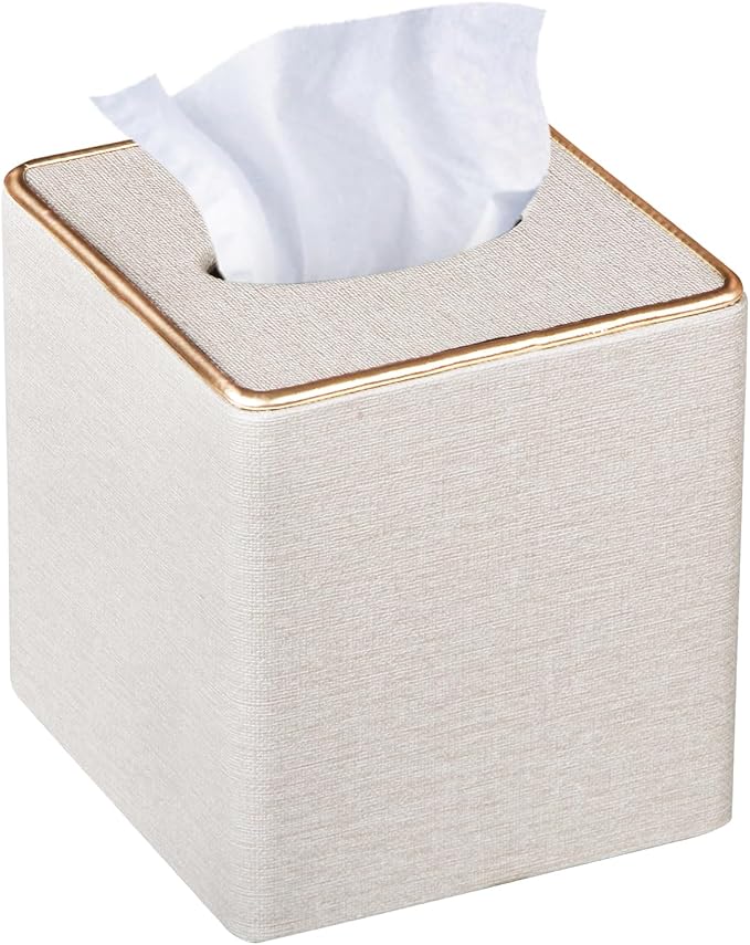 Leather Tissue Box Cover Square,Decorative Cube Tissue Box Holder with Magnetic Bottom,Facial Paper Organizer Table Napkin Case Dispenser for Bathroom NightStand Coffee Car Home Office,Beige