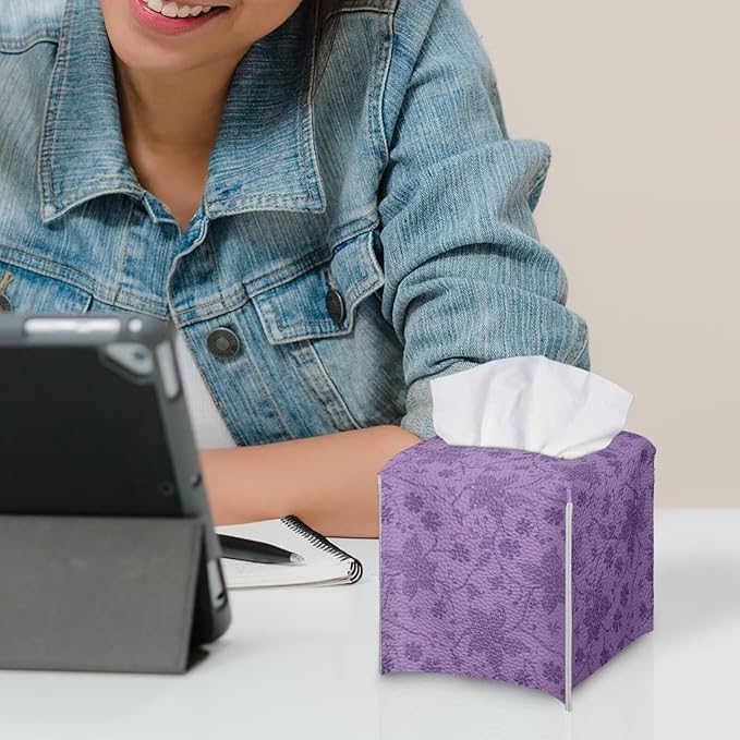 Purple Flowers Tissue Box Case PU Leather Square Modern Asthetic Tissue Box Cover with Metal Button Waterproof Napkin Organizer for Home Office Car Bathroom Decor