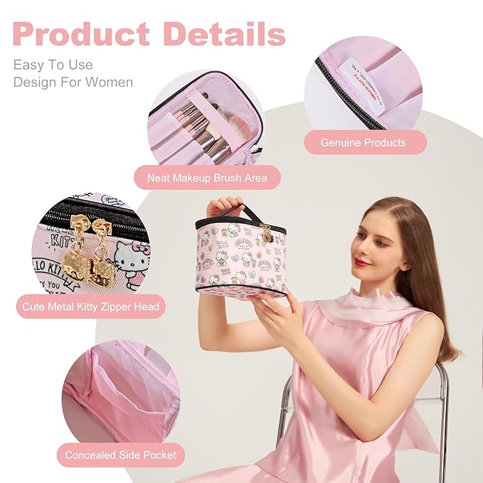 Vimanllie Cosmetic Bag Large Makeup Bag,Travel Toiletry Bags Organizer for Women,Pink Canvas Case with Brush Holder for Girls - Beauty Organizer for Home & Travel with Handle Cartoon Cute