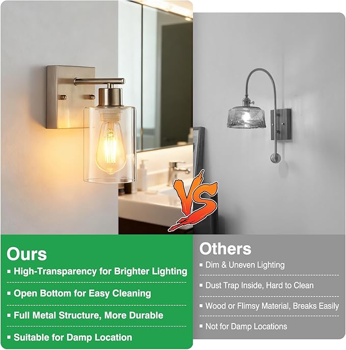 2-Pack Bathroom Wall Sconces, Brushed Nickel Vanity Lights, Modern Wall Light Fixture with Clear Glass Shade, Farmhouse Wall-Mount Lighting Lanterns, Wall Lamps for Mirror Living Room Bedroom Kitchen