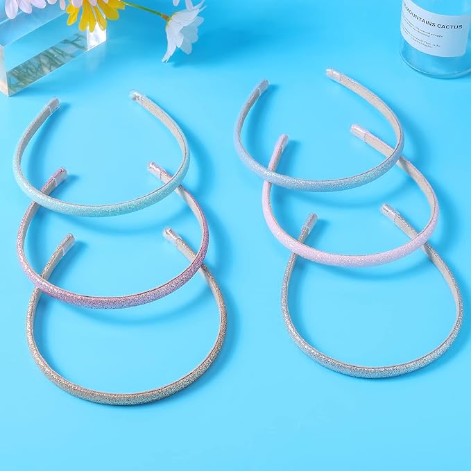 Fishdown Thin Glitter Headbands 6 Pack, Including Gold, Silver, Rose Red, Pink, Blue, Light Blue for Girls and Women, Non-slip Upgraded Sequin Headband with Soft Fabric Cover