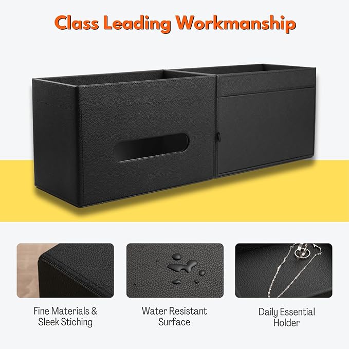 LAMOTI Rectangular Tissue Box Cover with Storage Tray, Leather Facial Tissue Box Holder for Bathroom, Office Table, Countertop, Night Stand & More (Black)