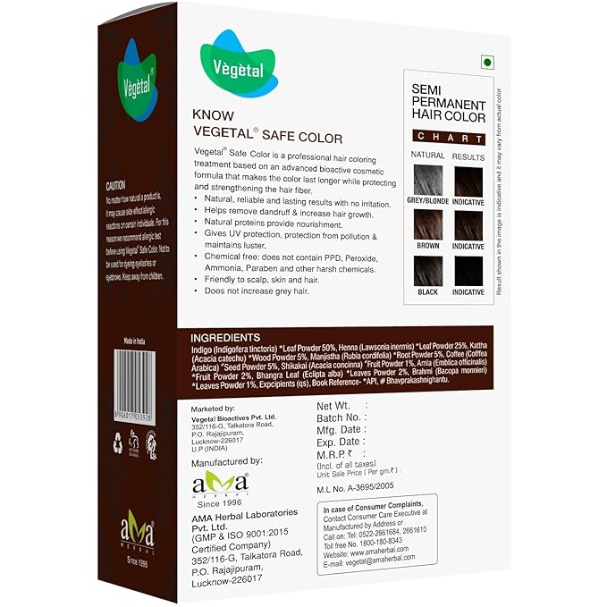 Vegetal Safe Hair Color -Dark Brown 100g. - Certified Organic Chemical and Allergy Free Bio Natural Hair Colour with No Ammonia Formula for Men and Women