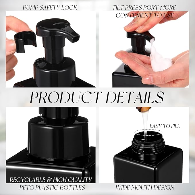 Domensi 12 Pcs Foam Pump Bottle Foaming Soap Dispenser Empty Travel Foaming Dispenser 8.5 oz Refillable Hand Soap Plastic Pump Bottle Travel Clear Container for Bathroom Vanities (Whole Black)