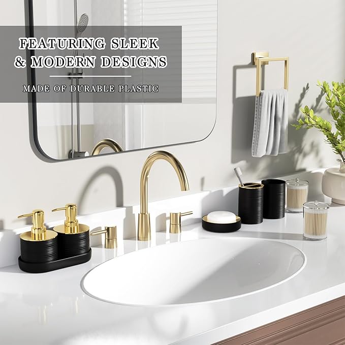 Bathroom Set - Bathroom Sets with Shower Curtain and Rugs, 25PC Bathroom Accessory Set, Black Bathroom Accessories Set with Trash Can, Soap Dispensers