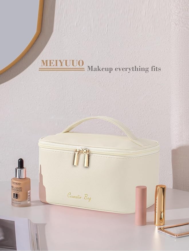 Meiyuuo Makeup Bag Large Cosmetic Bags for Women Girls Cute Travel Zipper Pouch Toiletry Organizer for Beauty Essentials Waterproof (Beige)