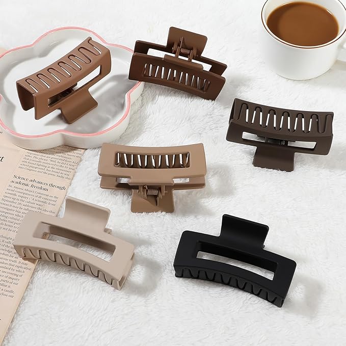 3.5 Inch Medium Hair Claw Clips 6 Pack Hair Clips for Women Square Rectangle Claw for Hair Banana Jaw Clips Hair Accessories for Girls -Coffee Brown