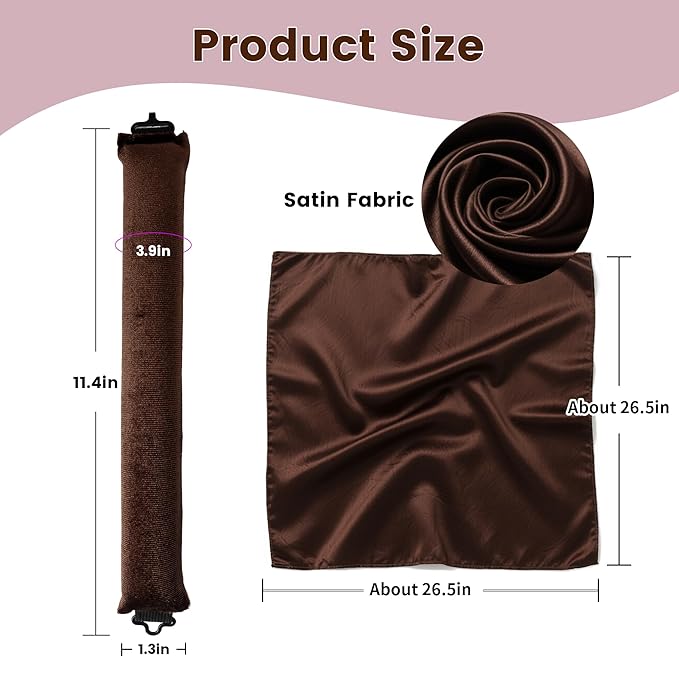 Heatless Curls Overnight Hair Curler - 4 Pcs Curling Rod to Sleep In, Velvet Hair Rollers with Satin Hair Scarf Girl's gift (Brown)