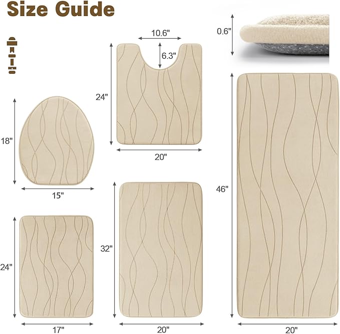 YIHOUSE Memory Foam Bathroom Rug Sets 5 Piece, Ultra Absorbent Bath Mat for Bathroom - Non-Slip Machine Washable & Dry Quickly, 5 Piece Bathroom Mat Set,Khaki